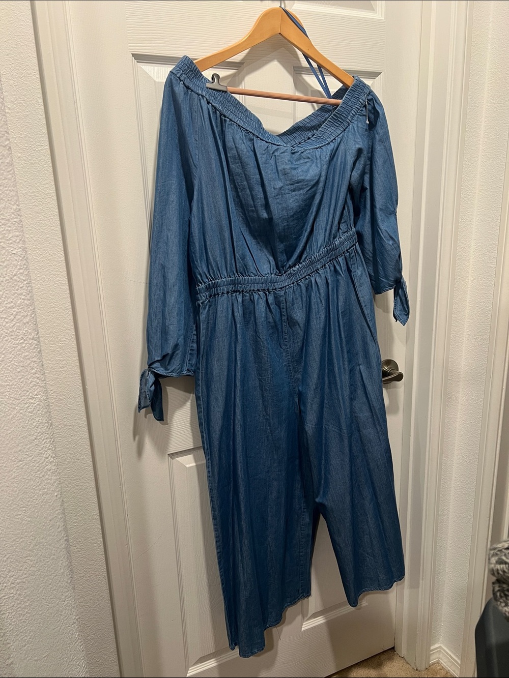 MICHAEL Michael Kors Denim-Blue Off-Shoulder Lt Cadet Wash Jumpsuit New With Tag